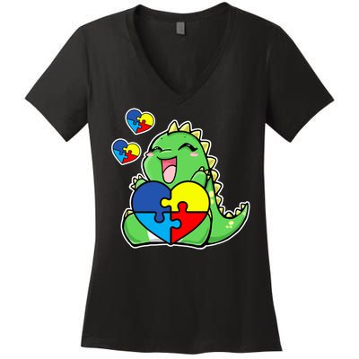 Autism Awareness Cute Dinosaur Puzzle Piece Women's V-Neck T-Shirt