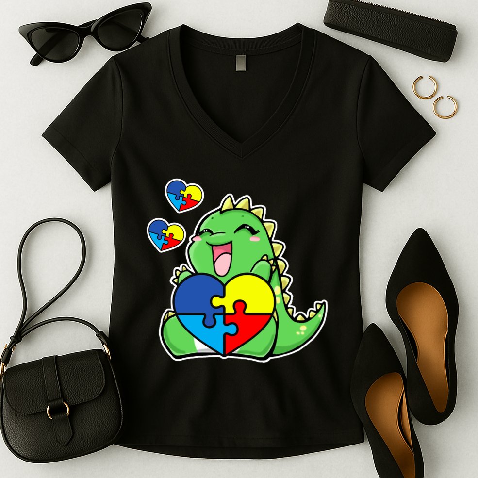 Autism Awareness Cute Dinosaur Puzzle Piece Women's V-Neck T-Shirt