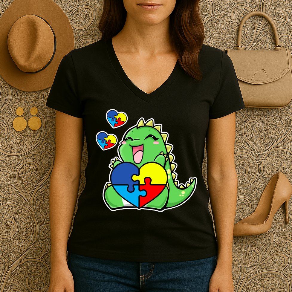 Autism Awareness Cute Dinosaur Puzzle Piece Women's V-Neck T-Shirt