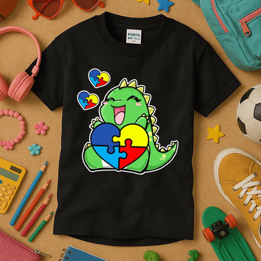 Autism Awareness Cute Dinosaur Puzzle Piece Kids T-Shirt