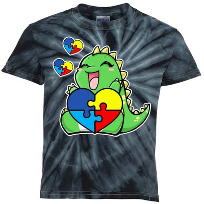 Autism Awareness Cute Dinosaur Puzzle Piece Kids Tie-Dye T-Shirt