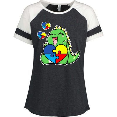 Autism Awareness Cute Dinosaur Puzzle Piece Enza Ladies Jersey Colorblock Tee