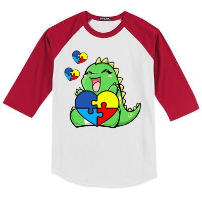 Autism Awareness Cute Dinosaur Puzzle Piece Kids Colorblock Raglan Jersey