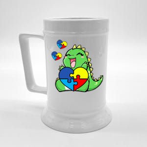 Autism Awareness Cute Dinosaur Puzzle Piece Beer Stein