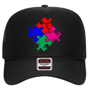 Autism Awareness Distressed Puzzle Pieces  High Crown Mesh Back Trucker Hat