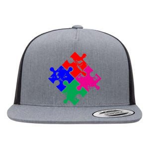 Autism Awareness Distressed Puzzle Pieces  Flat Bill Trucker Hat