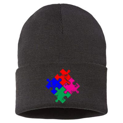 Autism Awareness Distressed Puzzle Pieces  Sustainable Knit Beanie