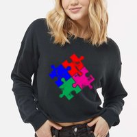 Autism Awareness Distressed Puzzle Pieces  Cropped Pullover Crew