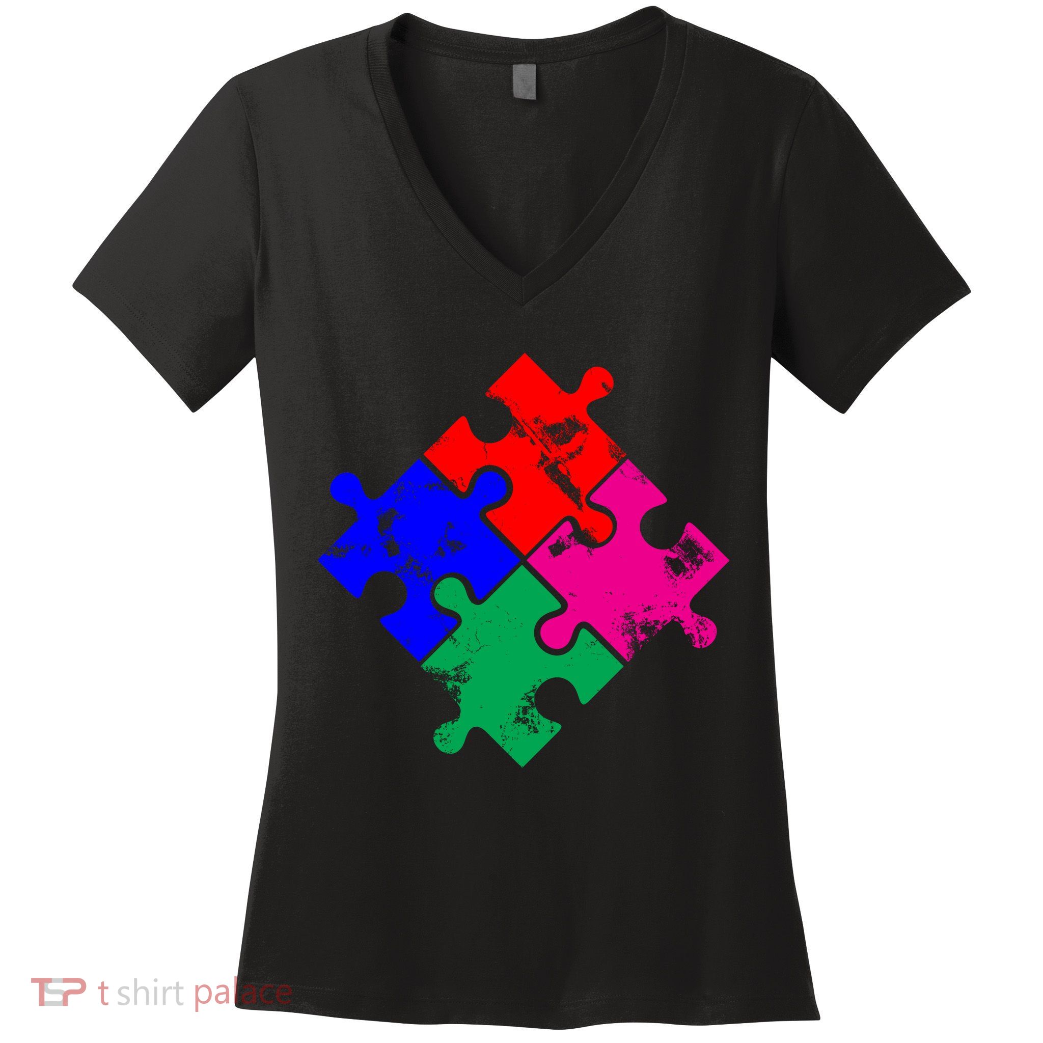 Autism Awareness Distressed Puzzle Pieces  Women's V-Neck T-Shirt
