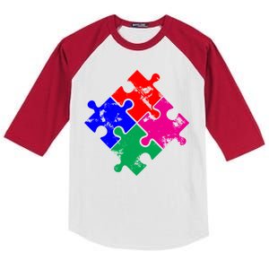 Autism Awareness Distressed Puzzle Pieces  Kids Colorblock Raglan Jersey