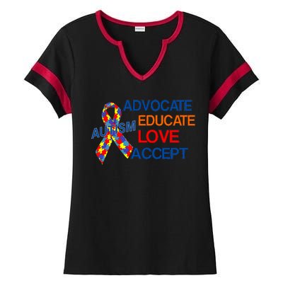 Autism Awareness Educate Ladies Halftime Notch Neck Tee