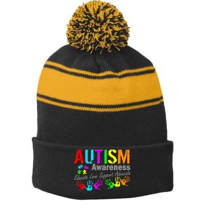 Autism Awareness Educate Love Support Advocate Stripe Pom Pom Beanie