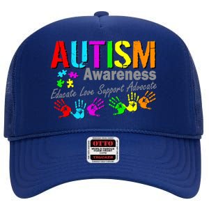 Autism Awareness Educate Love Support Advocate High Crown Mesh Back Trucker Hat