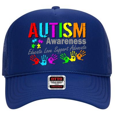 Autism Awareness Educate Love Support Advocate High Crown Mesh Back Trucker Hat