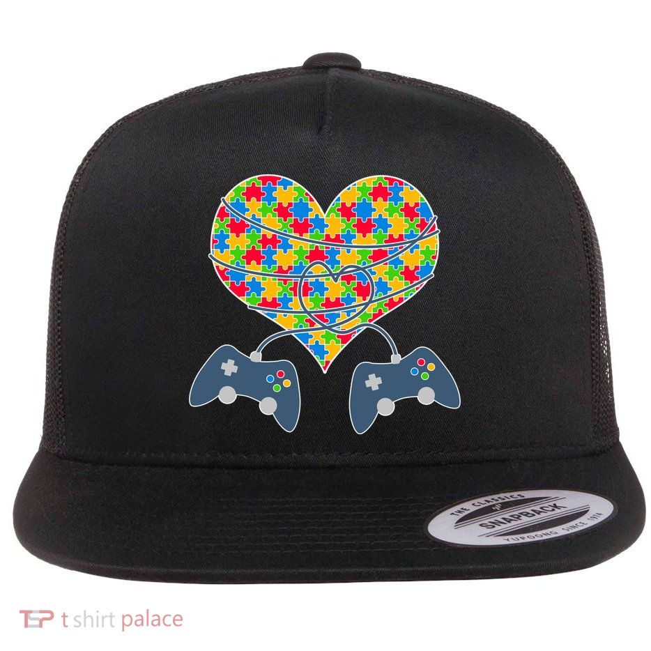 Autism Awareness Gamer Love  Flat Bill Trucker Hat