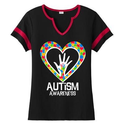 Autism Awareness Holding Hands Heart Puzzle Ladies Halftime Notch Neck Tee