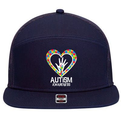 Autism Awareness Holding Hands Heart Puzzle 7 Panel Mesh Trucker Snapback Hat