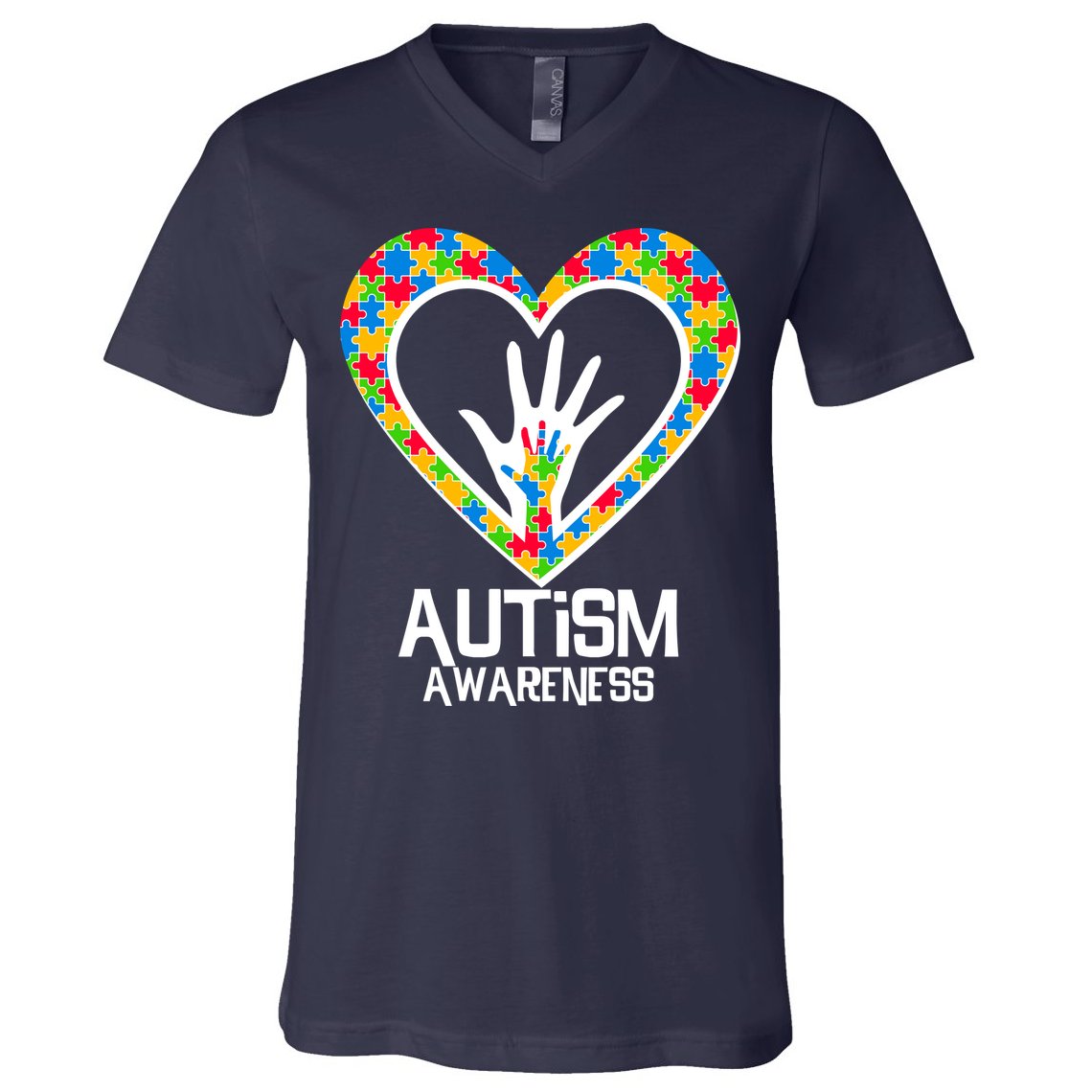 Autism Awareness Holding Hands Heart Puzzle V-Neck T-Shirt