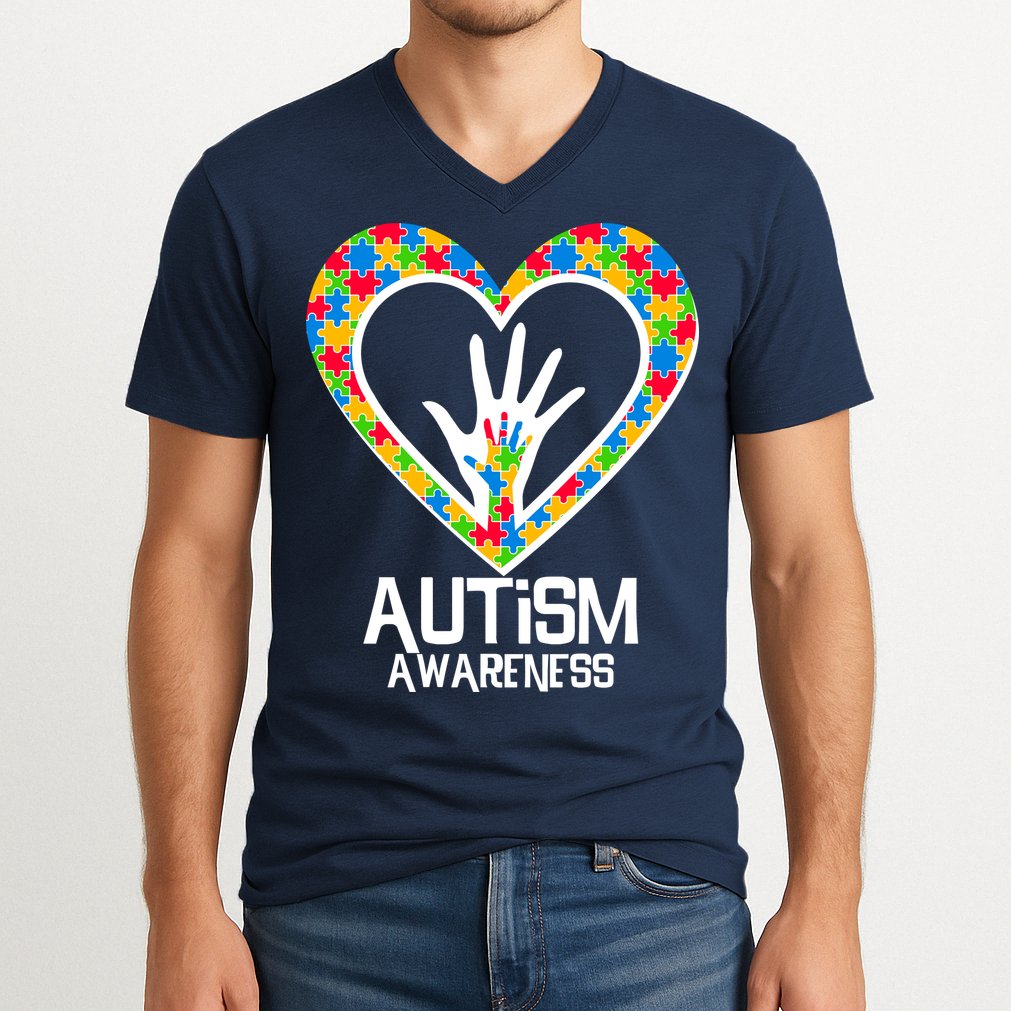Autism Awareness Holding Hands Heart Puzzle V-Neck T-Shirt