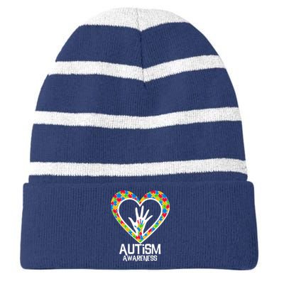 Autism Awareness Holding Hands Heart Puzzle Striped Beanie with Solid Band