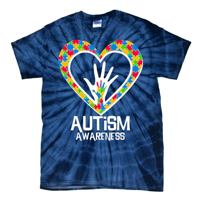 Autism Awareness Holding Hands Heart Puzzle Tie-Dye T-Shirt