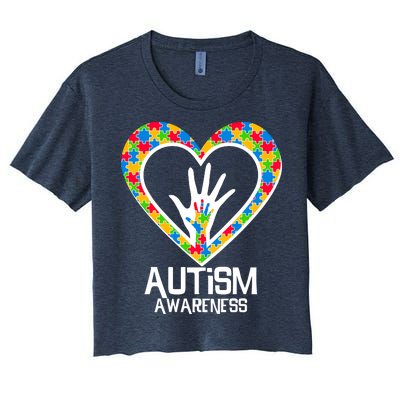 Autism Awareness Holding Hands Heart Puzzle Women's Crop Top Tee