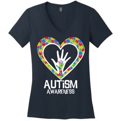 Autism Awareness Holding Hands Heart Puzzle Women's V-Neck T-Shirt