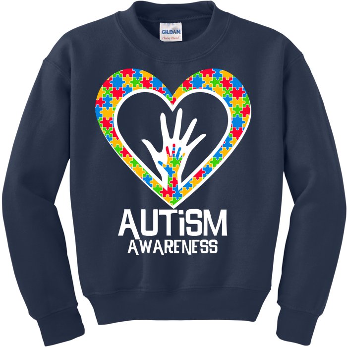 Autism Awareness Holding Hands Heart Puzzle Kids Sweatshirt