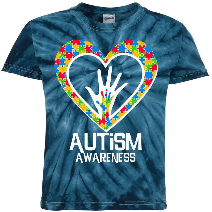 Autism Awareness Holding Hands Heart Puzzle Kids Tie-Dye T-Shirt