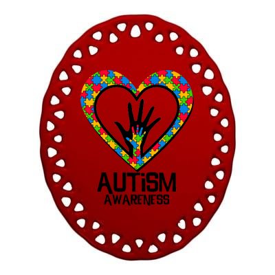 Autism Awareness Holding Hands Heart Puzzle Ceramic Oval Ornament