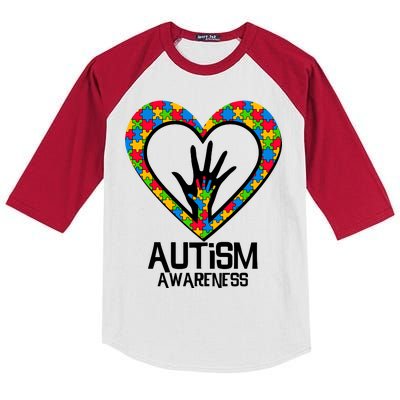 Autism Awareness Holding Hands Heart Puzzle Kids Colorblock Raglan Jersey