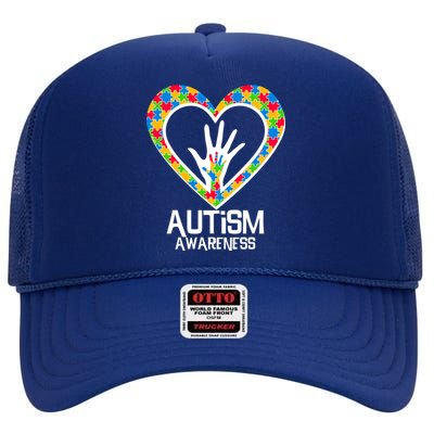 Autism Awareness Holding Hands Heart Puzzle High Crown Mesh Back Trucker Hat