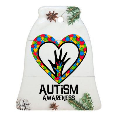 Autism Awareness Holding Hands Heart Puzzle Ceramic Bell Ornament