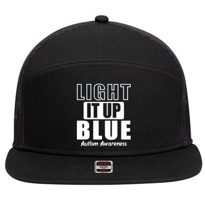 Autism Awareness Light It Up Blue Text Logo 7 Panel Mesh Trucker Snapback Hat