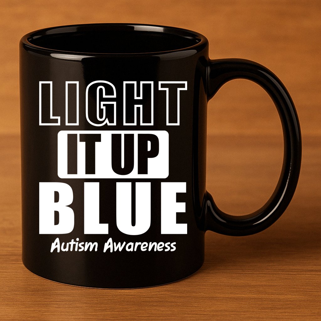 Autism Awareness Light It Up Blue Text Logo 11oz C Handle Ceramic Mug