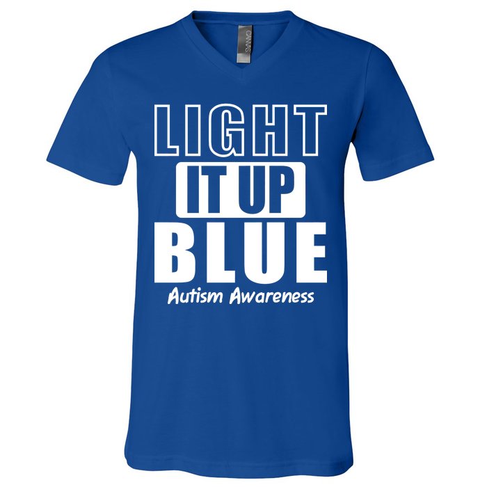 Autism Awareness Light It Up Blue Text Logo V-Neck T-Shirt