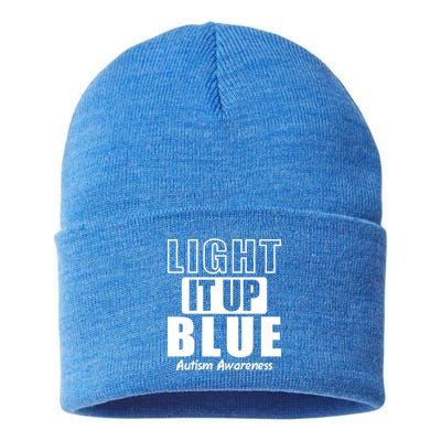 Autism Awareness Light It Up Blue Text Logo Sustainable Knit Beanie