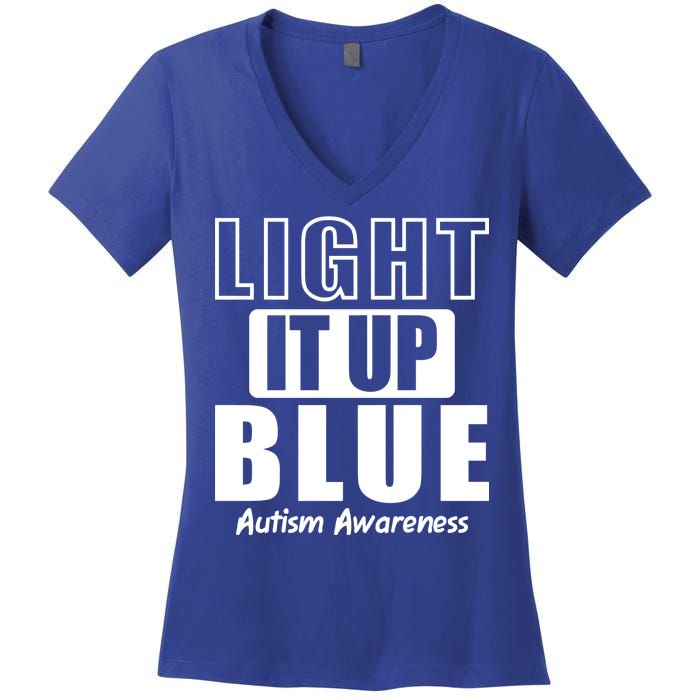 Autism Awareness Light It Up Blue Text Logo Women's V-Neck T-Shirt