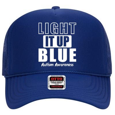 Autism Awareness Light It Up Blue Text Logo High Crown Mesh Back Trucker Hat