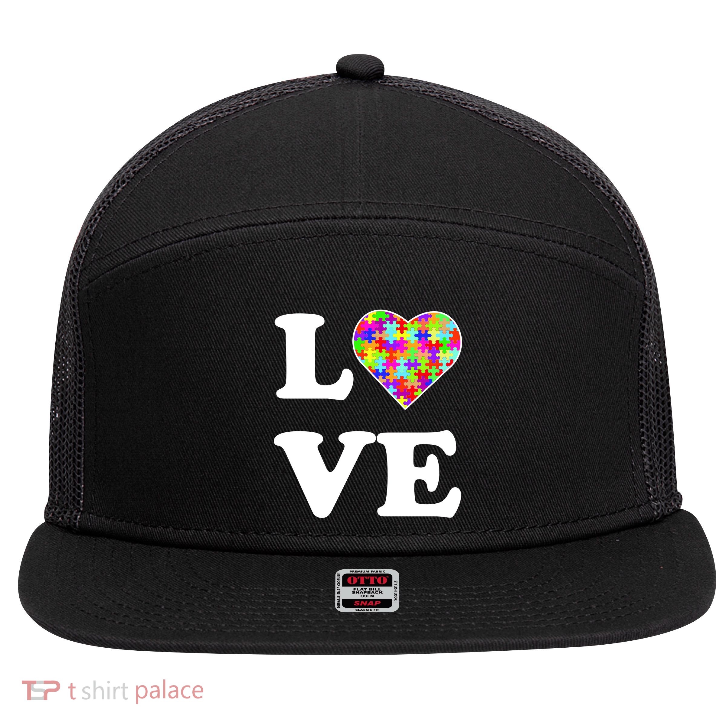 Autism Awareness Love Heart Puzzle Pieces 7 Panel Mesh Trucker Snapback Hat
