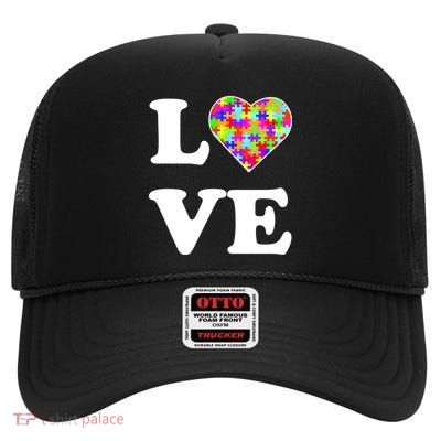Autism Awareness Love Heart Puzzle Pieces High Crown Mesh Back Trucker Hat