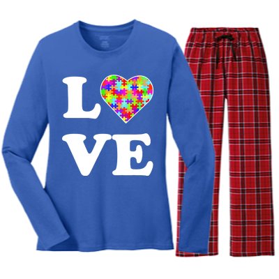 Autism Awareness Love Heart Puzzle Pieces Women's Long Sleeve Flannel Pajama Set 