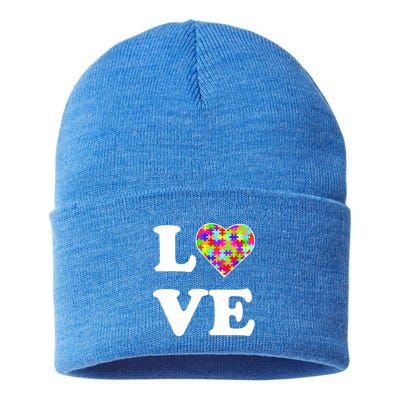 Autism Awareness Love Heart Puzzle Pieces Sustainable Knit Beanie
