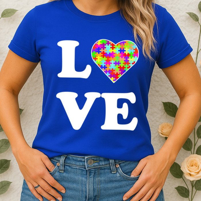 Autism Awareness Love Heart Puzzle Pieces Womens T-Shirt