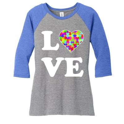 Autism Awareness Love Heart Puzzle Pieces Women's Tri-Blend 3/4-Sleeve Raglan Shirt