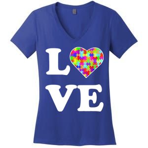 Autism Awareness Love Heart Puzzle Pieces Women's V-Neck T-Shirt