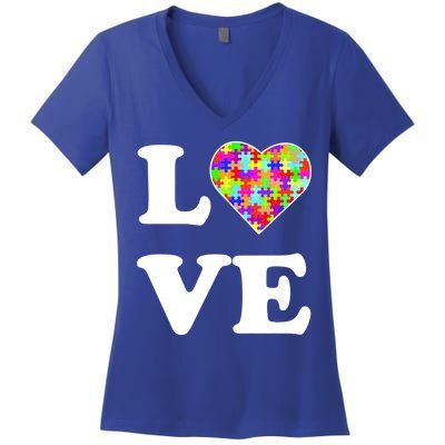 Autism Awareness Love Heart Puzzle Pieces Women's V-Neck T-Shirt