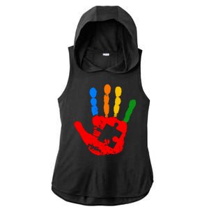 Autism Awareness Painted Hand Puzzle Piece Ladies PosiCharge Tri-Blend Wicking Draft Hoodie Tank