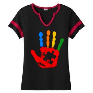 Autism Awareness Painted Hand Puzzle Piece Ladies Halftime Notch Neck Tee