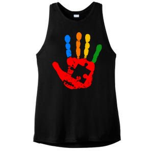 Autism Awareness Painted Hand Puzzle Piece Ladies PosiCharge Tri-Blend Wicking Tank